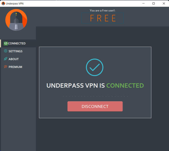 Free version of Underpass VPN is connected